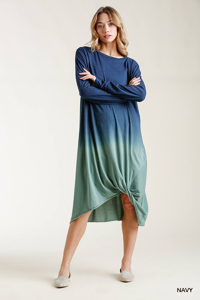 Ombre Front Knot Detail Long Sleeve Maxi Dress With Raw Hem