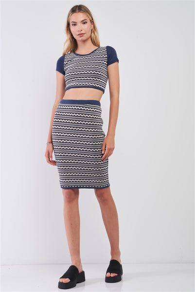 Navy & White Geometrical Pattern Short Sleeve Crop Top & High-waisted Pencil Skirt Two Piece Set