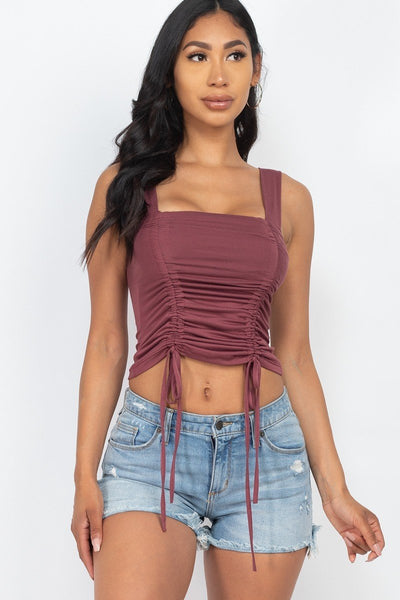 Adjustable Front Ruched With String Square Neck Crop Tops